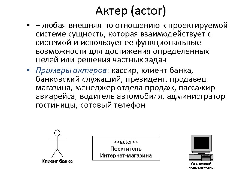 Актер (actor) – любая внешняя по отношению к проектируемой системе сущность, которая взаимодействует с